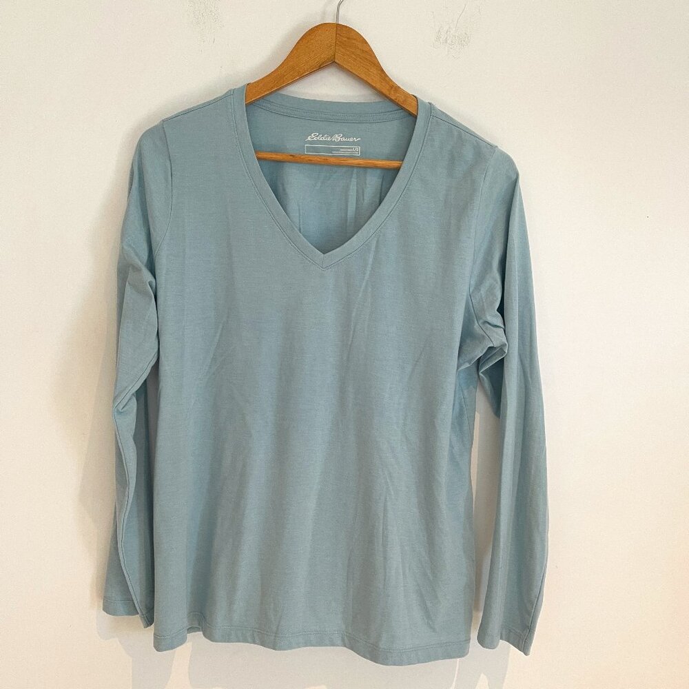 Eddie Bauer Woman Blue V Neck Long Sleeve Pullover T Shirt Size L